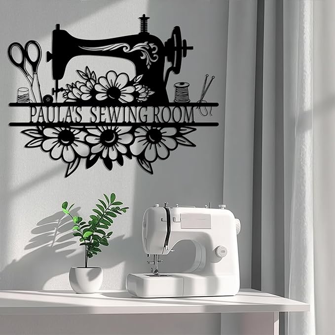 Custom Sewing Machine Sign, Personalized Name Sewing Room Decor with Quilting Supplies Pattern, Customized Mother's Day Quilting Gifts for Quilters Women Mom Grandma Wife Sewing Lover