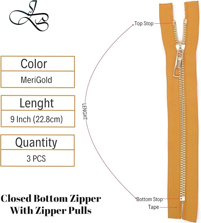 #5 Gold Metal Zipper - 50+ Colors - 3 PCS - (4-14 inches) Sizes - Luxury Lightweight Handcraft Metal Zippers with pulls for Purses Bags Pockets Shoes Sewing & Crafts DIY ZP02149