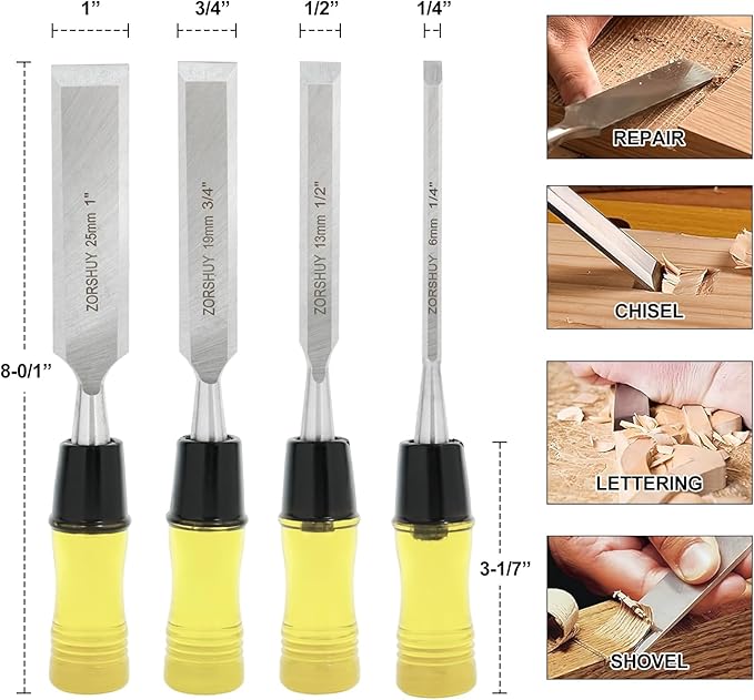 Wood Chisel Sets，4-Piece Woodworking Tools Set, for Precision Carving & DIY，CR-V Steel Beveled Edge Blades with Safety Caps,PVC High Impact Handle,Wood Tools Chisel Set(1/4", 1/2", 3/4", 1")