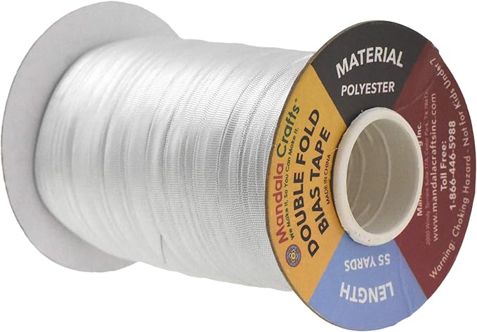 Mandala Crafts 55 Yards 1/2 Inch Metallic Silver Double Fold Bias Tape for Sewing - Bias Binding Tape for Quilting Binding, Hemming, Seam, and Fabric Piping