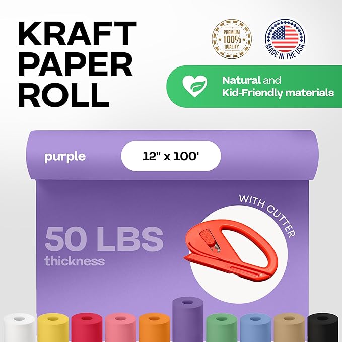 Purple Kraft Paper Roll 12" x 1200" (100 feet) with Cutter - USA-Made Wrapping Paper for Packing, Moving, Shipping & Crafts/Arts - 100% Recyclable Natural Craft Material by IDL Packaging