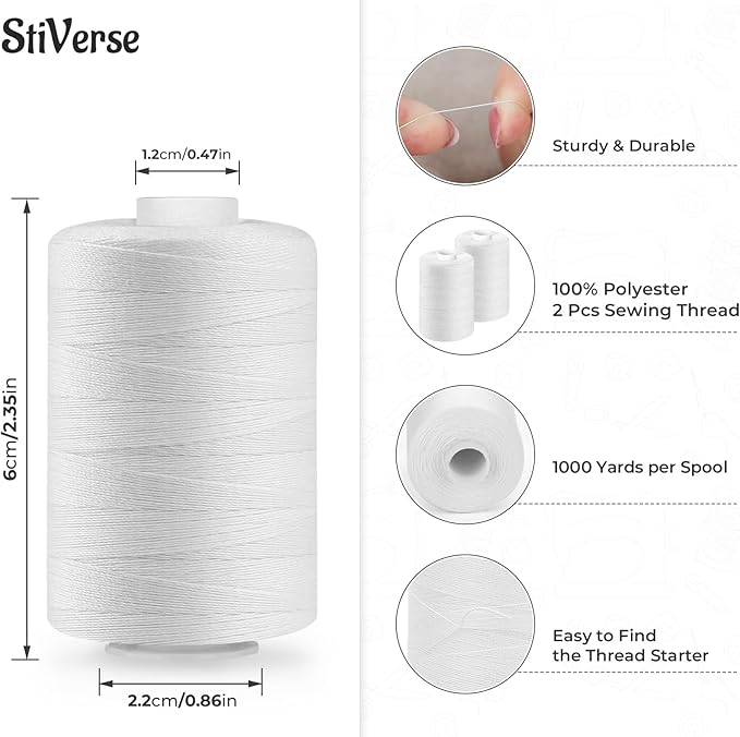 2PCS Thread - 1000Yard White All Purpose Sewing Machine Thread for Sewing
