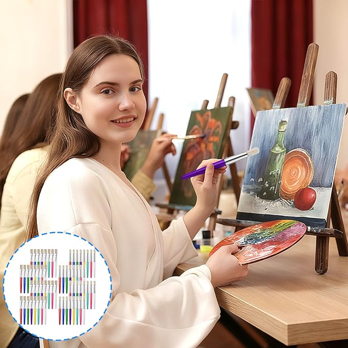 64 Pcs Paint Brushes, Colorful Round and Flat Paint Brushes, Round/Flat Large Painting Brush, Washable, Easy Clean and Hold, for Beginners, Enthusiasts, Acrylic Oil Watercolor Gouache