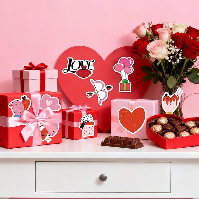 100 Pcs Valentine's Day Stickers, Waterproof Vinyl Love Heart Stickers for Water Bottles, Laptops, Gift Boxes, Phone Case, Party Decorations