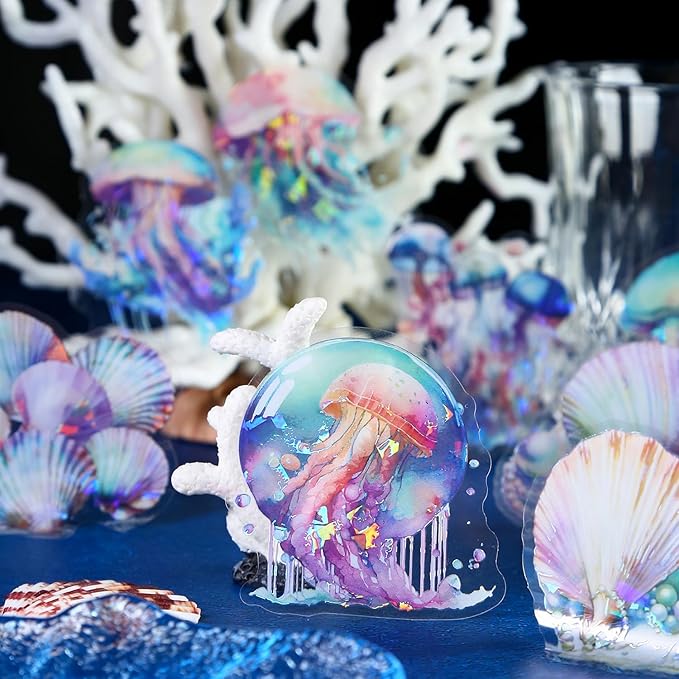 Yoksas 60Pcs Holographic Ocean Life Jellyfish Turtles Stickers - Sea Marine Animal Whales Dolphins Seahorses Stickers for Junk Journal,Scrapbooking Supplies,Planner