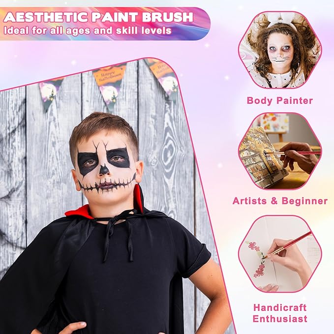 6 Pack Face Paint Brush Set, Synthetic Bristles in Different Sizes Shapes Oil Watercolor Acrylic Paint Brush Aesthetic Pastel Artist Paints Brushes for Body Nail Body Art Craft Canvas Rock, Multicolor