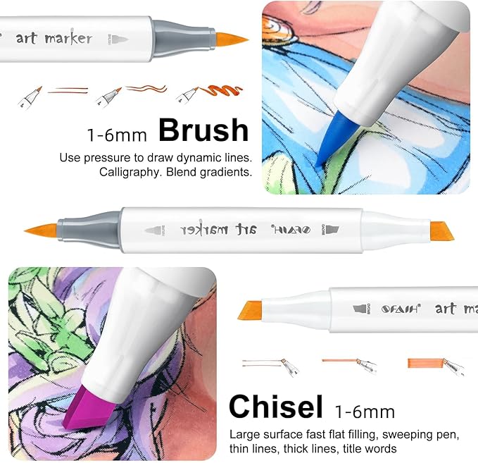 SFAIH Alcohol Markers Brush & Chisel - 121 Colors Double Tipped Art Markers for Adult Coloring Illustration, Gifts for Artist Adult - Adjustable Shoulder Strap & Faux Leather Lining & Outer Zip Pocket