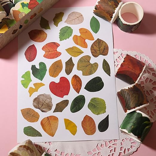 8 Roll Leaves Washi Tape Masking Tape Decorative Fallen Leaves Aesthetic Stickers for DIY Diary Planner Scrapbooking Art Craft Supplies (50Petals/Roll, Box Set)