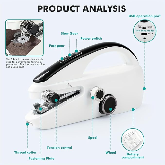 Handheld Sewing Machine, Portable & Cordless Mini Sewing Machine for Beginners - Electric Fast Stitching, DIY Fabric Clothes Repair Kit, Home Travel Mending Machine with Accessories(White)