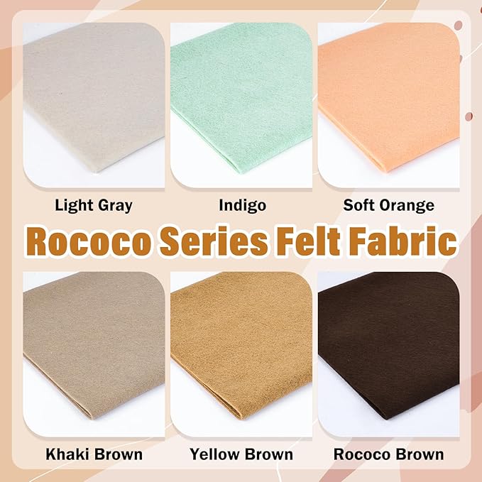 XSEINO 6 Rolls 12"x35" 1.4mm Thick Soft Felt Fabric Sheet 6 Assorted Rococo Series Colors Felt Pack for DIY Craft Sewing Squares Nonwoven Patchwork