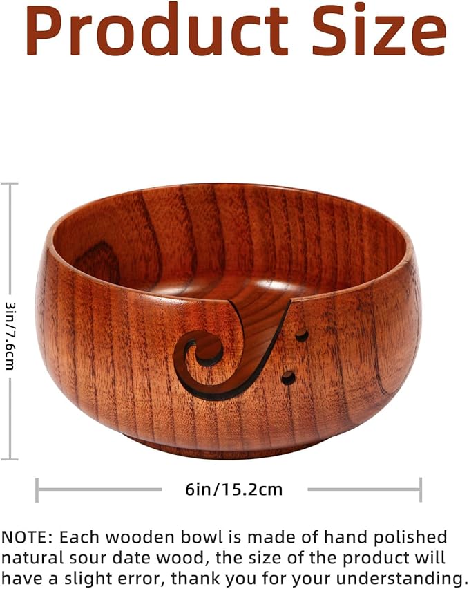Wooden Yarn Bowl, 6" x 3" Knitting Tool with Holes, Handmade Rounded Edge for Crocheting, Storage Holder for DIY Sewing Supplies