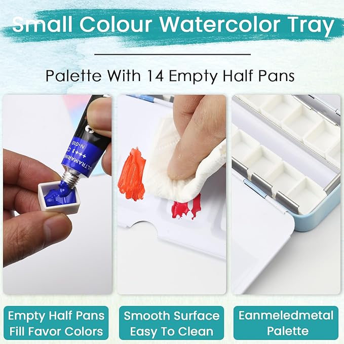 Blue Metal Watercolor Tin Palette - Empty w/ Paint Tray & 14 Half Pans - Robust & Functional - Perfect for Plein Air & Studio Painting