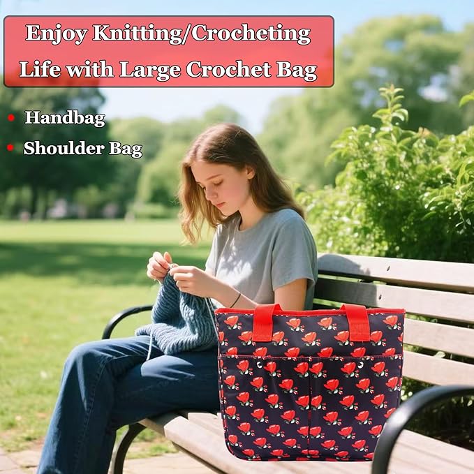 Mdoker Knitting Bags and Totes Organizers Large Crochet Bag Lightweight Yarn Bags for Travel Yarn Storage Organizers for Crochet Hooks,Yarn,Knitting & Crochet Supplies(Red Rose)