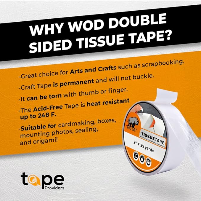WOD DCTT32W Double Sided Adhesive Tissue Craft Tape - 3/4 inch x 55 yds. Acid Free, Permanent, & Heat Resitant - for Scrapbooking Paper, Cards, Origami, Ribbon, Glitter, and Boxes