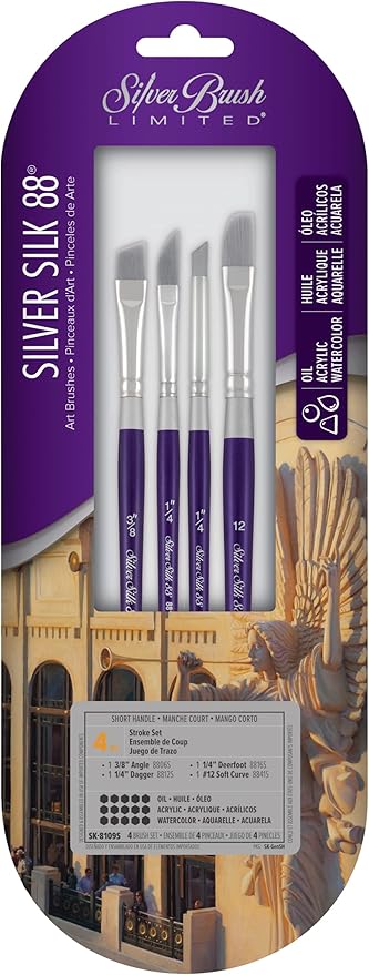 Silver Brush Limited SK-8109S Silver Silk 88 Stroke Set, Premium Paintbrushes for Acrylic, Watercolor, Gouache, Inks, & Dyes, Set of 4, Angle, Dagger, Deerfoot, and Soft Curve Brushes, Short Handle