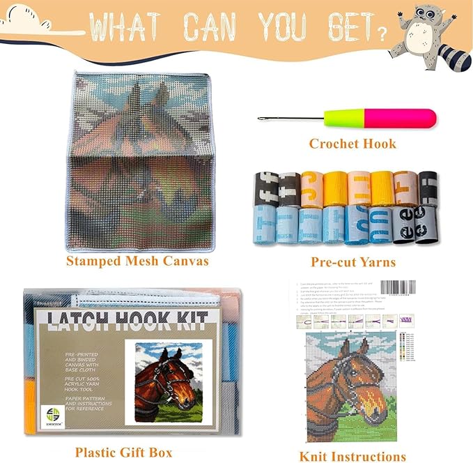 EMISTEM Latch Hook Kits for Adults - DIY Latch Hook Rug Kits, Crochet Kit for Beginners, Rug Making Kits with Printed Canvas, Gift Packaging.(Snow-Capped Mountains and Fine Horse, 20x15)