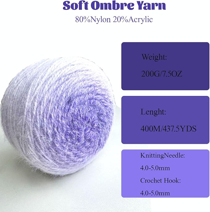 MSD&FT Ombre Yarn, 80% Acrylic 20% Nylon Blend, Pink Gradient, 4-Pack (Dahlia Purple)