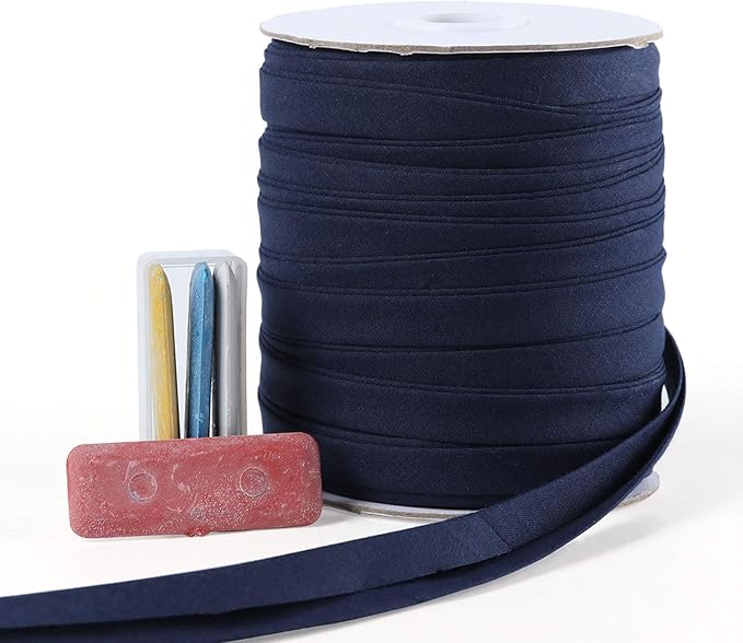 Bias Tape Double Fold 1/2 inch, Double Fold Bias Binding Tape 55 Yards (Navy Blue) and 4 Pieces Sewing Fabric Chalks for Crafts, Sewing, Seaming, Hemming, Piping, Quilting.