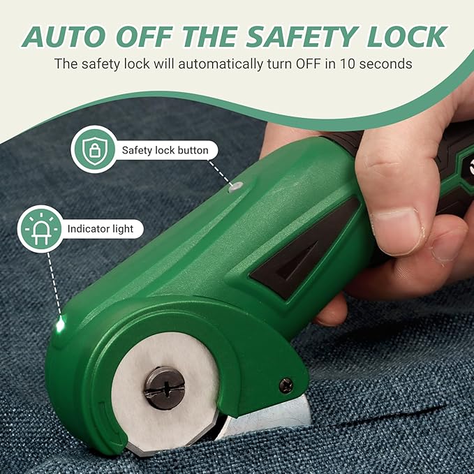 VLOXO Cordless Electric Scissors, 4V Rechargeable Cardboard Cutter with Safety Lock and LED Light Powerful Fabric Mini Cutter Rotary Multi-Cutting Tool for Carpet Leather Felt Storage Box Green