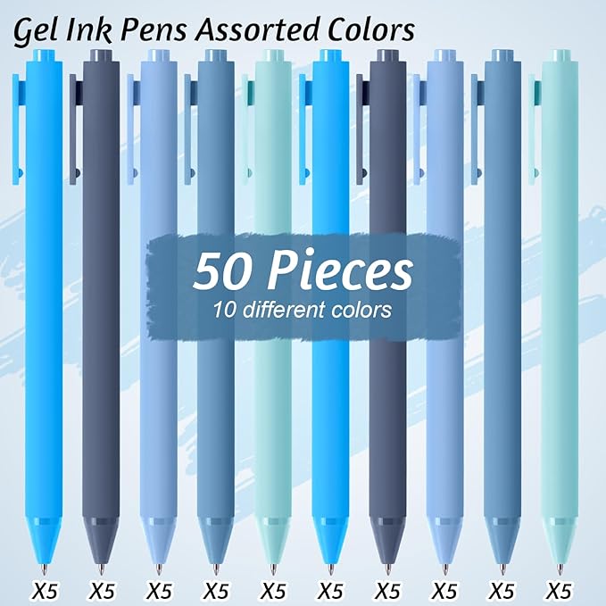Crtiin 50 Pcs Gel Ink Pens Bulk, Black Ink 0.5mm Fine Point Retractable Pen Smooth Writing Office Supplies for Teacher Server Nurse Christmas Charity Donation Valentine (Blue Series)