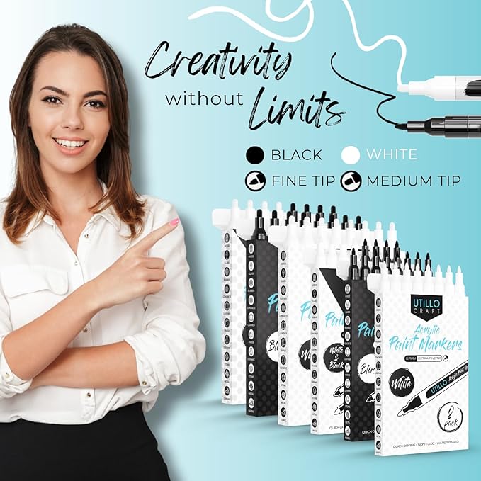 Utillo Craft White Paint Pen (8-Pack) for Rock Painting, Wood, Glass, Tire, Canvas, Metal, Fabric | Medium 2-3mm Tip Made in Japan | Bold Color Acrylic White Paint Markers | Perfect Art DIY Gift
