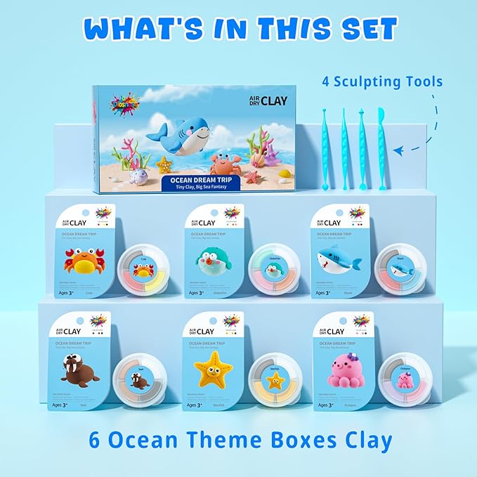 Air Dry Clay for Kids - 6 Ocean Themed Modeling Clay Kit, Model Magic Clay with Sculpting Tools and Tutorials, Ultra Light & Soft, Non-Toxic & Safe, DIY Arts and Crafts School Projects for Kids