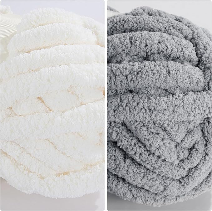 HOMBYS 8 Pack Assorted Chunky Yarn for Crocheting,Super Bulky Large Soft Fluffy Yarn,Plush Fuzzy Yarn,Thick Chenille Yarn for Hand Knitting/Arm Knitting,4 White & 4 Light Grey(27yds,8 oz Each Skein)
