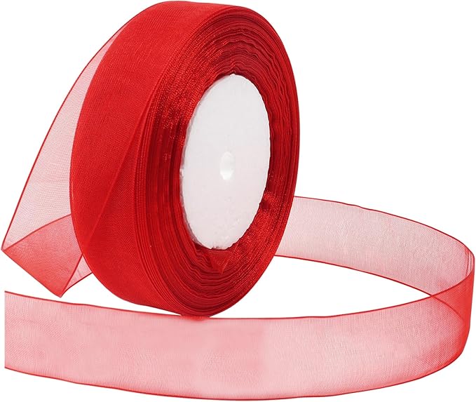Red Ribbon for Gift Wrapping 1 inch Sheer Organza Ribbon for Flower Bouquet Tulle Thin Chiffon Ribbons for Wedding Invitations Presents Decorations Crafts 50 Yards