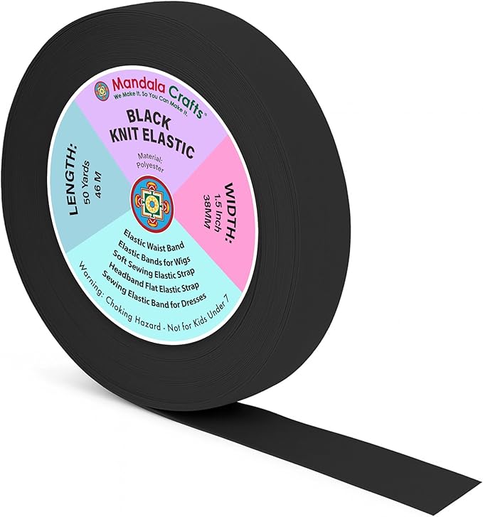 Mandala Crafts Wide 1.5 Inch Black Elastic Bands Spool for Pants Waistbands Sewing and DIY Crafts, 50 YD Stretchy Flat Fabric Strap Knit Elastic Band for Wig