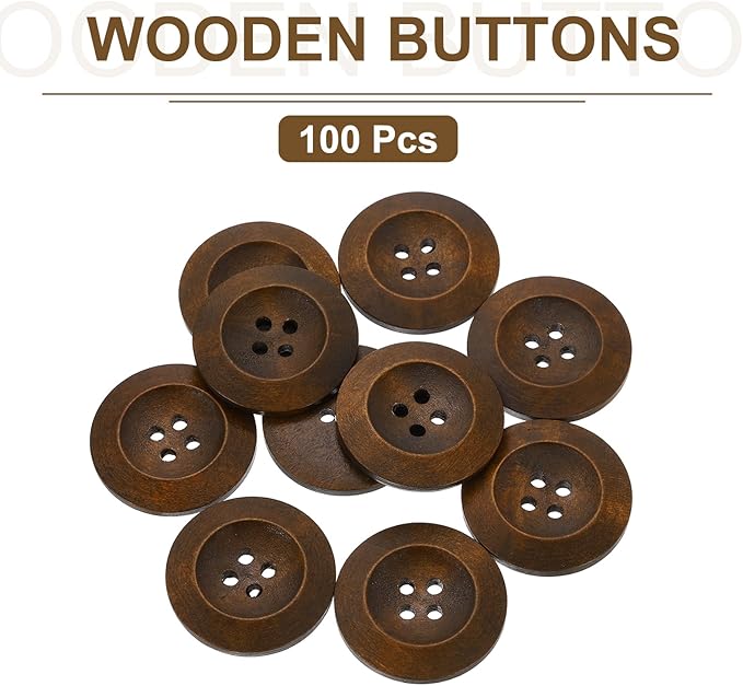 uxcell 100Pcs Wooden Buttons, 30mm(1 3/16") 4 Hole Round Wood Sewing Button Craft for Sewing DIY Craft Clothing, Coffee