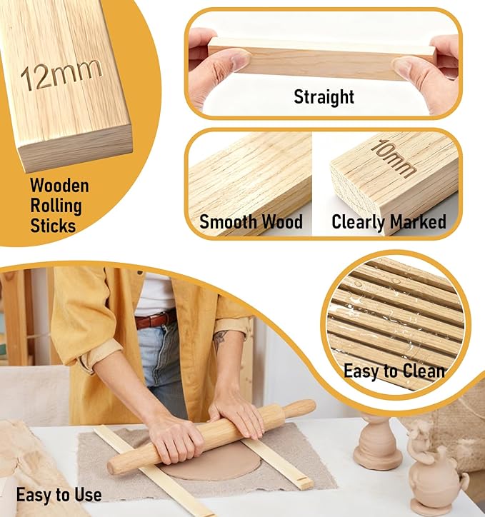 Clay Rolling Pin Guides, 10Pcs Pottery Teaching Rolling Mud Stick Guide, Pottery Tools, Wooden Slab Roller, Clay Tools, Mudboard Tools for Polymer Thickness