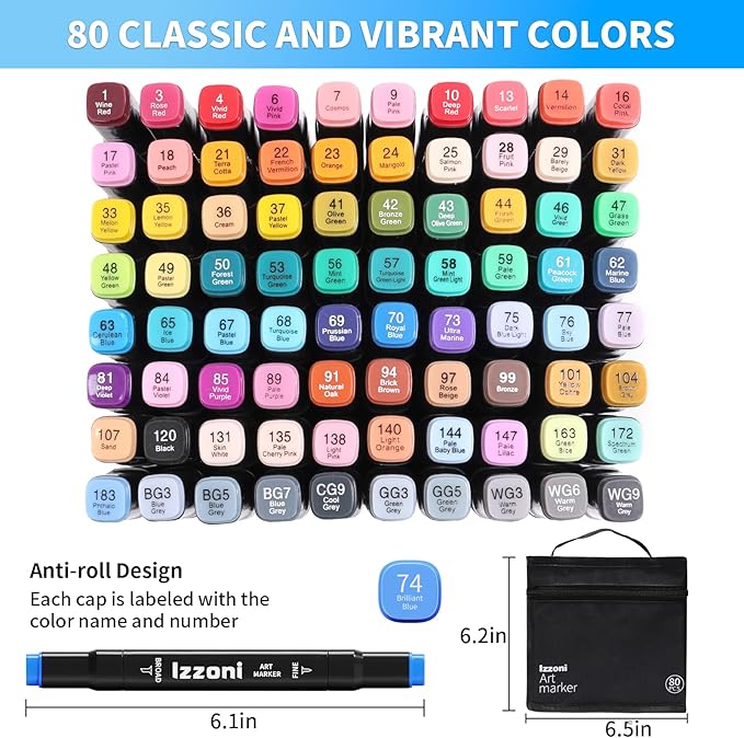 80 Colors Alcohol Markers Set, Dual Tip (Fine & Chisel) Coloring Markers, Permanent Art Drawing Marker for Kids Sketching Adult Coloring with Case and Holders (80 Colors - Black)