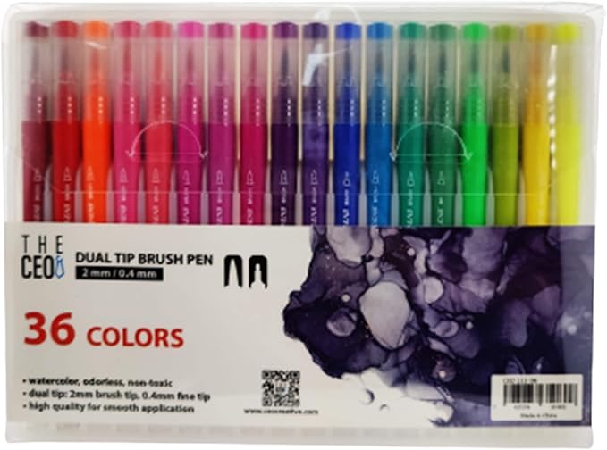 THE CEO Colored Pens Dual Brush Markers - 36 Vibrant Water-Based Markers for Bold, Smooth Creations - Drawing Pens with Precision Tips for Versatile Artwork - Ideal for Artists & More