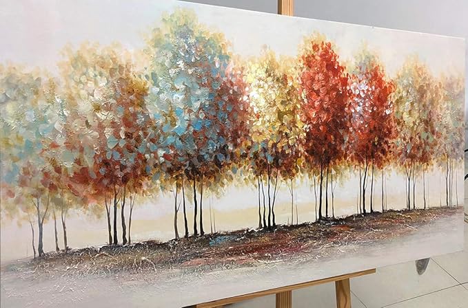 Tiancheng Art, 24x48 Inch Modern Abstract Oil Hand Paintings Tree Art 3D Hand-Painted Living Room And Bedroom Wooden Frame Ornaments Canvas Acrylic Wall Art Colorful Forest Home Hanging Decoration