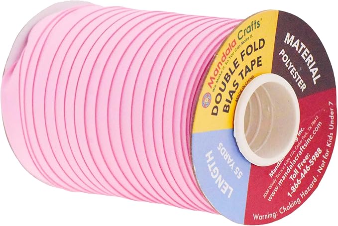 Mandala Crafts 55 Yards 1/2 Inch Pink Double Fold Bias Tape for Sewing - Bias Binding Tape for Quilting Binding, Hemming, Seam, and Fabric Piping