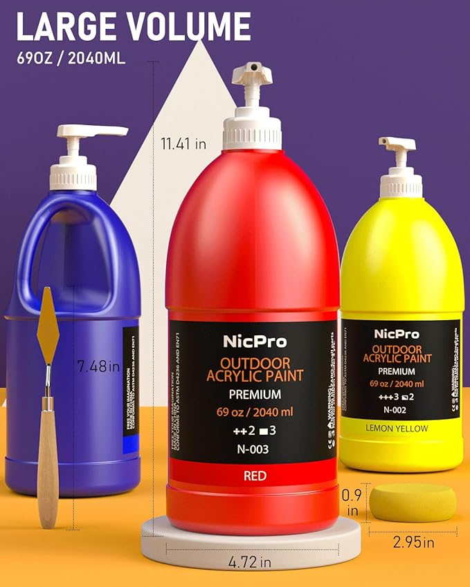 Nicpro 6 Colors Large Bulk Outdoor Acrylic Paint Set (69 oz, 2040 ml) Rich Art Painting Supplies, Waterproof Multi Surface Paint for Rocks, Wood Crafts, Garden Statues, Metal, Stone Concrete Exterior, Wall