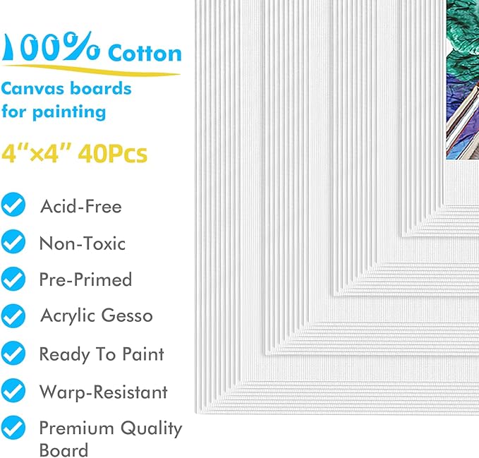 GOTIDEAL 40pcs 4x4 inch White Canvas Panels for Acrylic Painting, Primed Cotton Canvas Boards