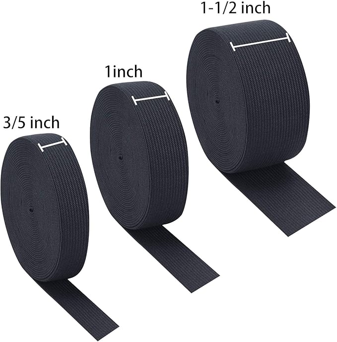 3 Rolls Sewing Stretch Elastic Band Spool, 3/5, 1, 1-1/2 Inch in Width, 5.5 Yards/Roll (Black)