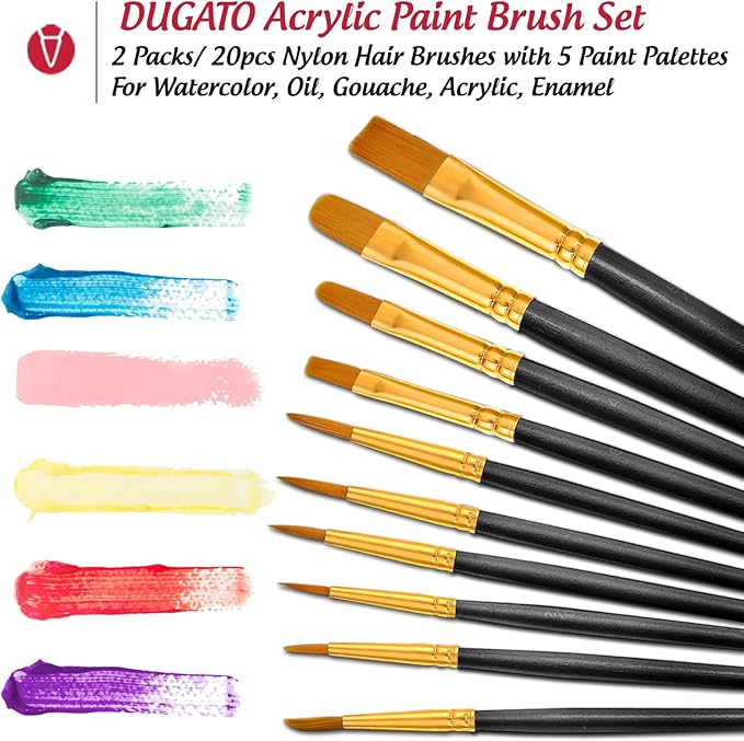 Paint Brushes Palettes Set by DUGATO, 2 Packs/20pcs Round Pointed Tip Nylon Hair Brushes with 5 Paint Trays for Acrylic Watercolor Oil Gouache Tempera and Body Painting (Black)