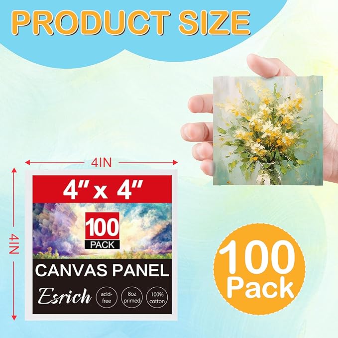 ESRICH Canvas Boards for Painting, 100 Pack Canvases for Painting 4x4 100% Cotton Small Paint Canvas Primed Acid Free Mini Blank Canvas Panels for Oil Paint,Watercolor,Acrylic Paint,Gouache&Tempera.