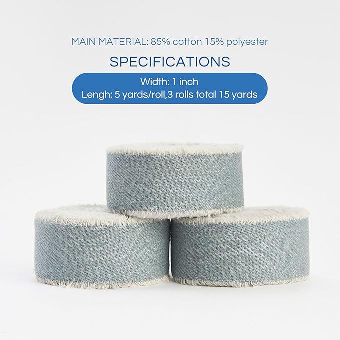 Pretty Jolly Grey Blue Denim Ribbon for Crafts Handmade Rustic Frayed Cotton Jean Fabric Ribbon for Flower Bouquet 15 Yards 1 Inch Cloth Ribbons for Gift Wrapping Hair Sewing Accessories Holiday Decor