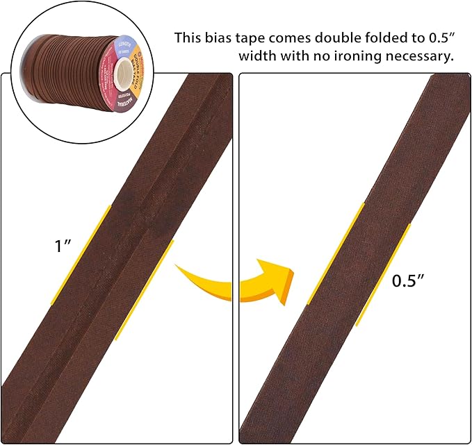Mandala Crafts 55 Yards 1/2 Inch Brown Double Fold Bias Tape for Sewing - Bias Binding Tape for Quilting Binding, Hemming, Seam, and Fabric Piping