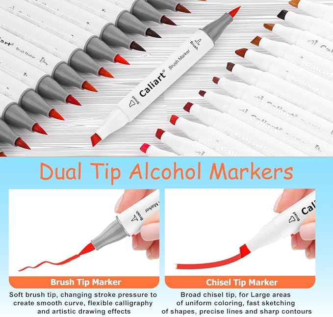 Caliart 121 Colors Alcohol Markers Brush Tip, Dual Tip Artists Coloring Markers Set Brush & Chisel, Permanent Alcohol Based Colored Sketch Pens, Art Supplies Gifts for Adults Illustration Drawing