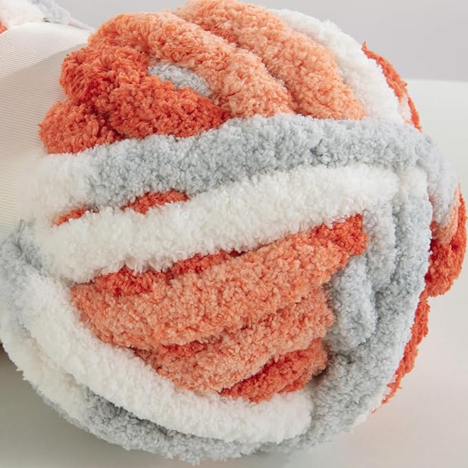 Hombys 8 Pack Giant Chunky Yarn for Crocheting & Knitting - Super Bulky Large Soft Fluffy Tie Dye Plush Fuzzy Mixed Color Thick Chenille Yarn (Orange, Light Grey, White)