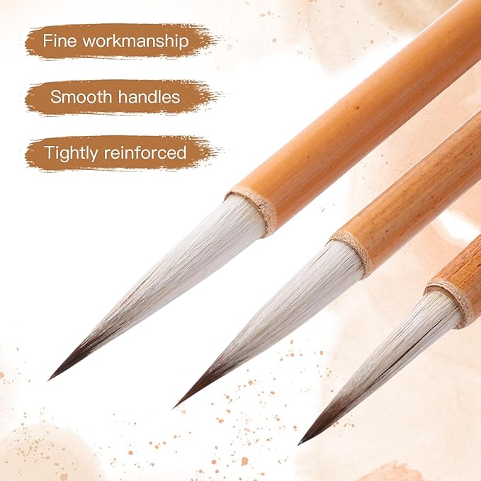 Fuumuui Chinese Calligraphy Brush, 3pcs Writing Brush Ink Painting Bamboo Watercolor Brushes Set Wolf Sheep Mix Brushes for Beginner Adult Professional Painting Tools
