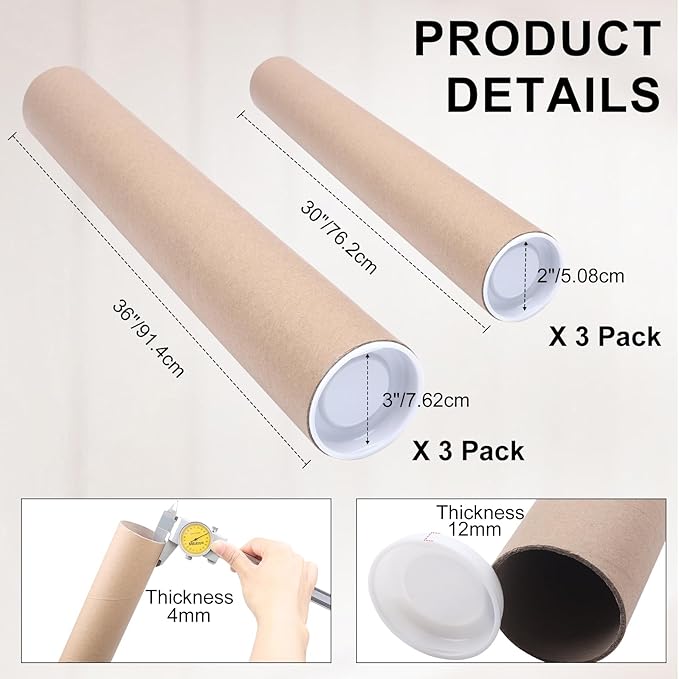 Mailing Tubes with Caps, 3 Pack 3x36-Inch & 3 Pack 2x30-Inch Kraft Paper Poster Tube for Shipping, Packing, Bulk Round Packaging, Cardboard Mailers, Art Prints, Maps, Blueprint