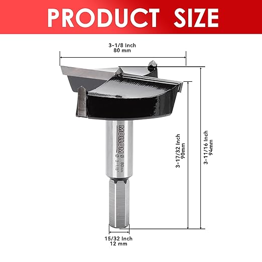 Mollom 3-1/8" (80mm) Forstner Drill Bit for Precise Woodworking with Durable YG8 Carbide Thickness of 2.0mm,This Hinge Cutter Tool is Ideal for Hard Wood, Plastic, Plywood