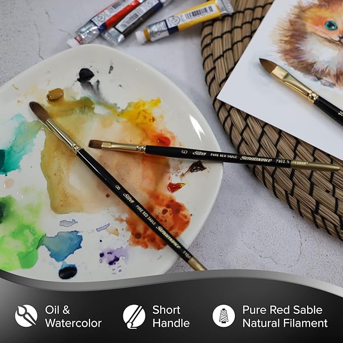 Silver Brush Limited 7100S-10 Renaissance Round Paintbrush for Oil, Watercolor, Gouache, Inks, Dyes, Fluid, & Flow Acrylic, Size 10, Short Handle