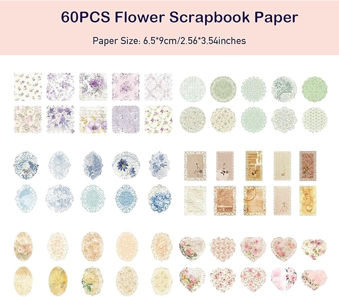 Maxleaf 60Pcs Lace Edged Flower Scrapbook Paper for Letter Writing Vintage Decorative Paper Scrapbooking Supplies DIY Planners Aesthetic Bullet Collage Stationery Paper