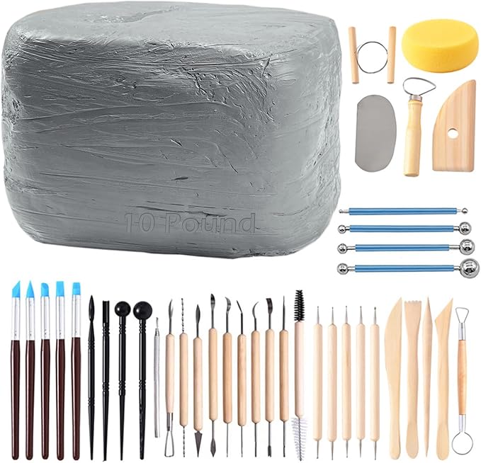 ReArt Natural Air-Dry Modeling Clay - 10LBs with 40 Pcs Pottery Sculpting Tool Set, All-Purpose Clay (Gray)